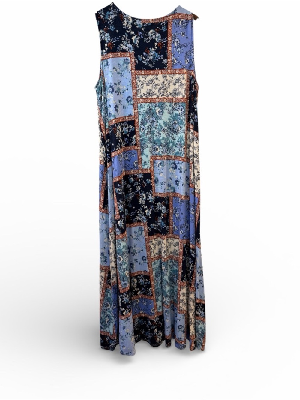 Floral Patchwork Print Maxi Dress Sleeveless Boho Blue Navy Rayon L - Picture 3 of 6